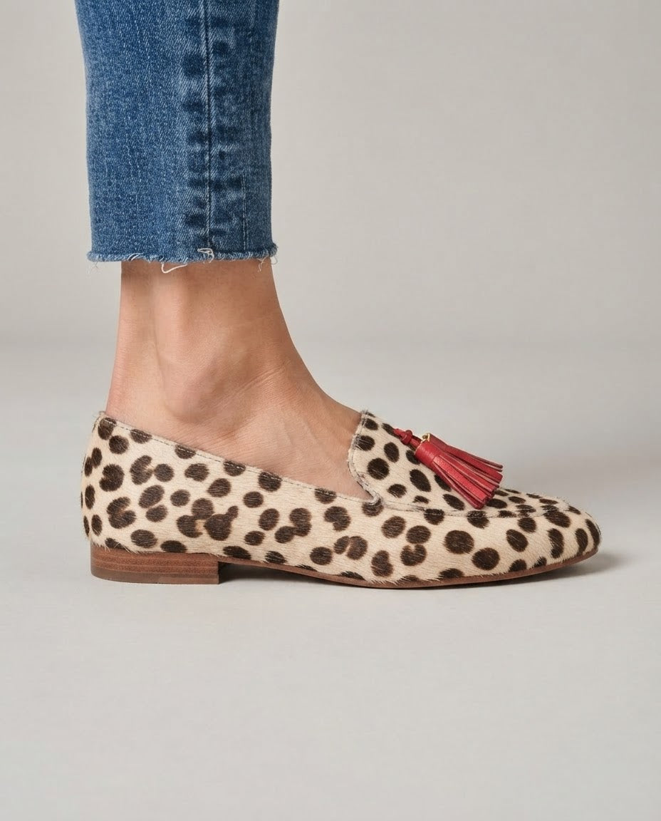 Aurora Loafers — Cream Polka Dot, Red Tassels