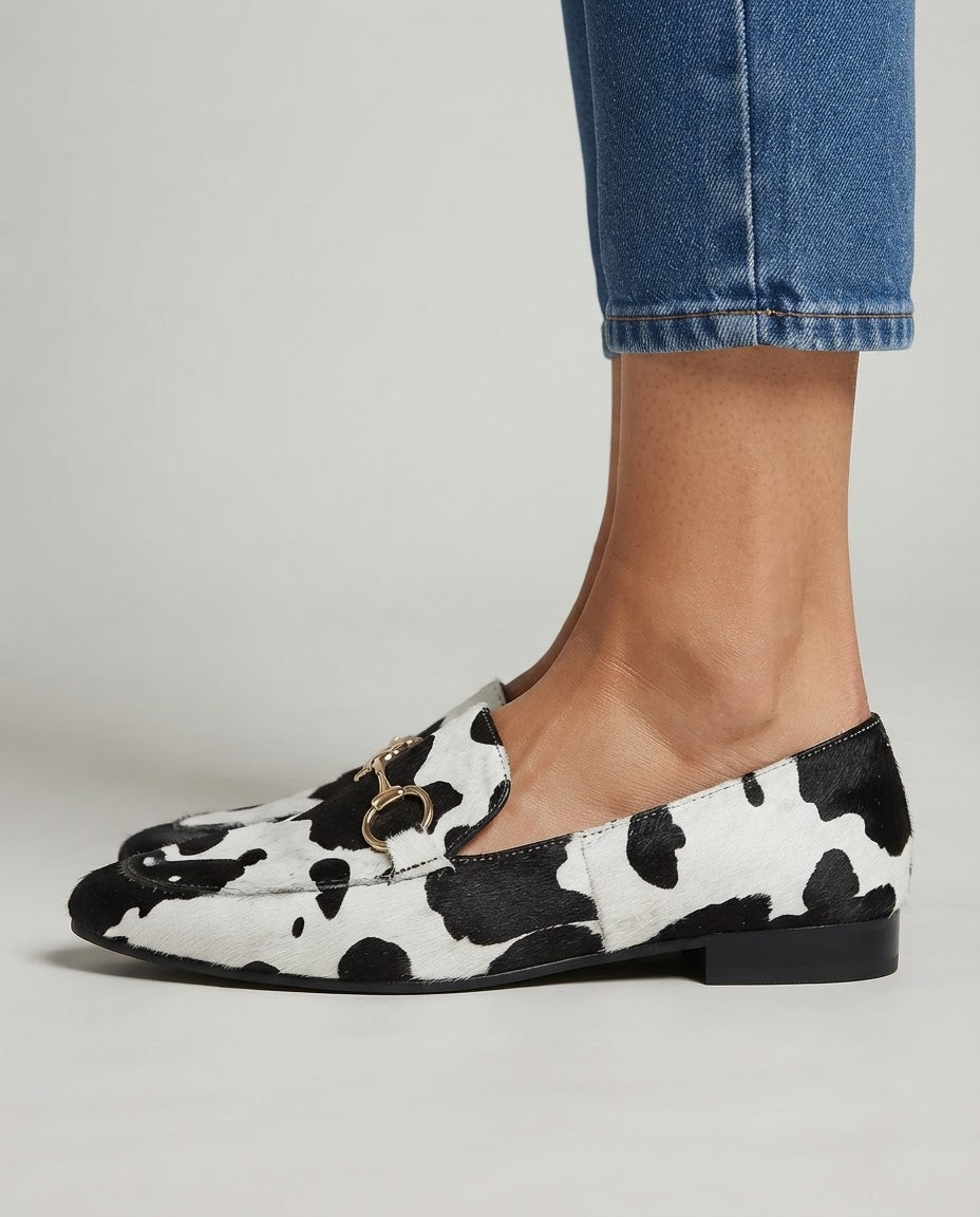 Spotted Haircalf Loafers — Black & White