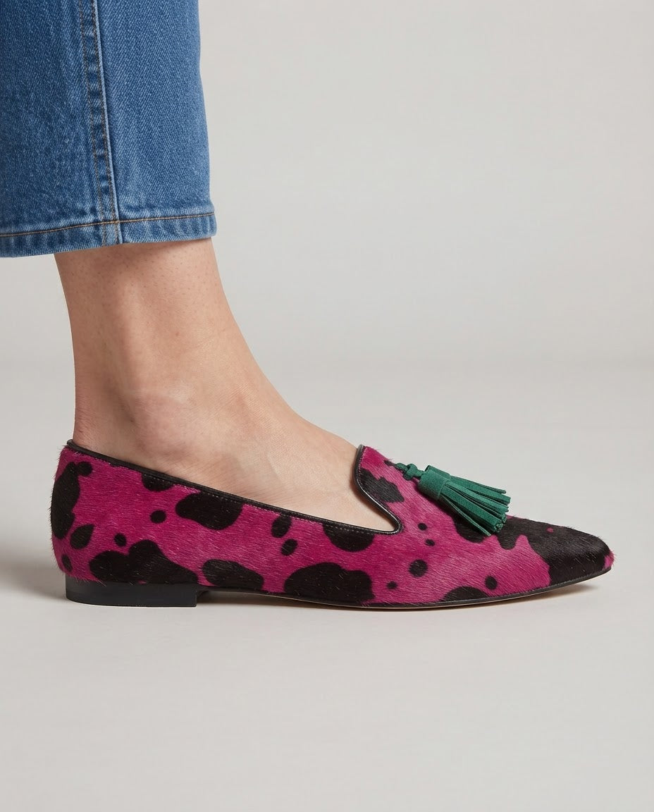 Ginevra Loafers — Fuchsia Cow Print, Green Tassels