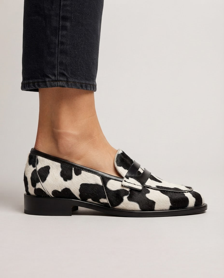 Nives Loafers — Cow Print Penny Loafer