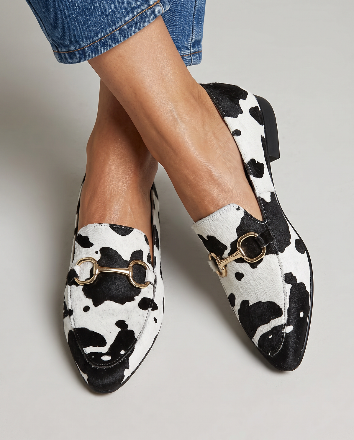 Spotted Haircalf Loafers — Black & White