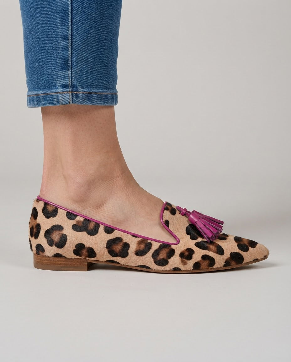 Ginevra Loafers — Leopard Print, Fuchsia Tassels