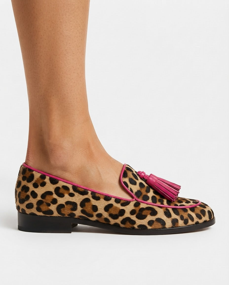 Fiamma Loafers — Leopard Print, Fuchsia Trim and Tassels