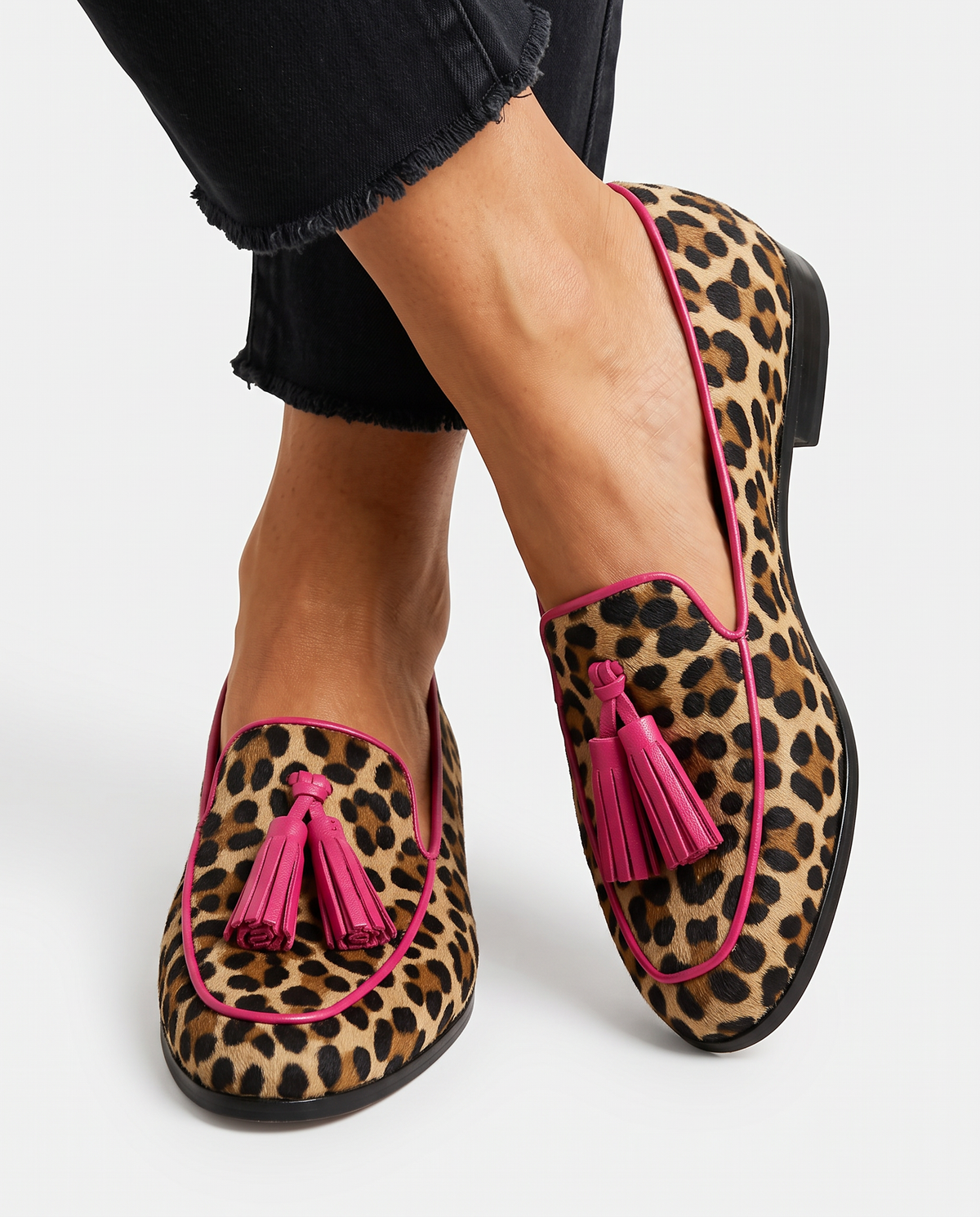 Fiamma Loafers — Leopard Print, Fuchsia Trim and Tassels