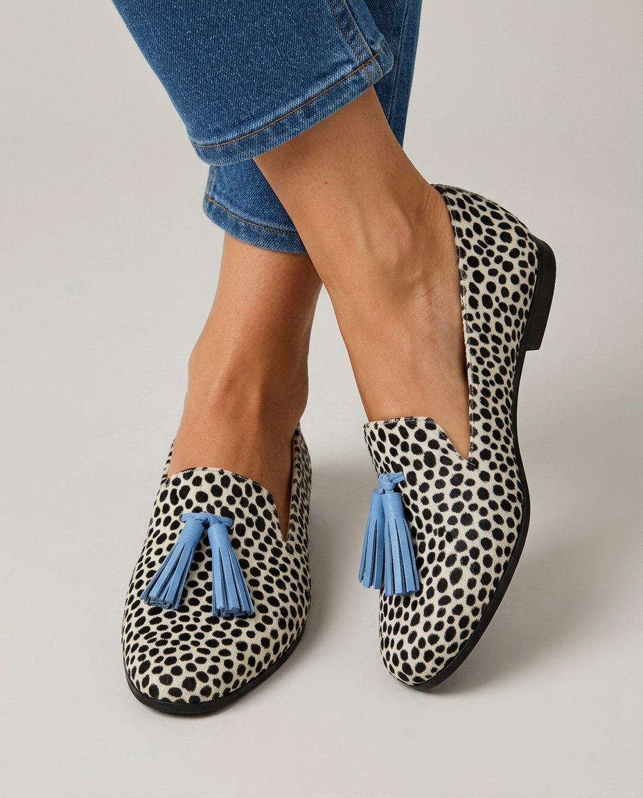 Nadia Loafers — Black & White Leopard, Blue Tassels