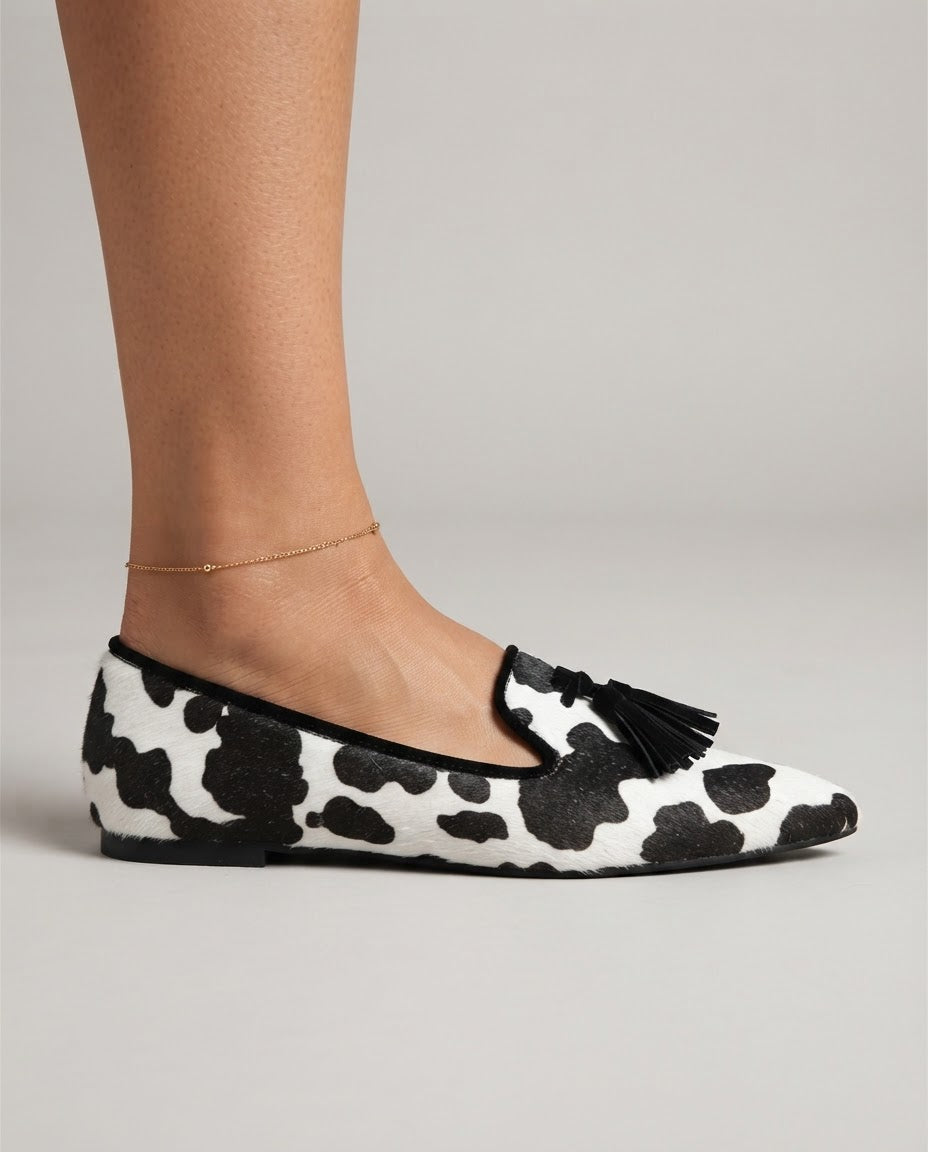 Ginevra Loafers — Cow Print, Black Tassels