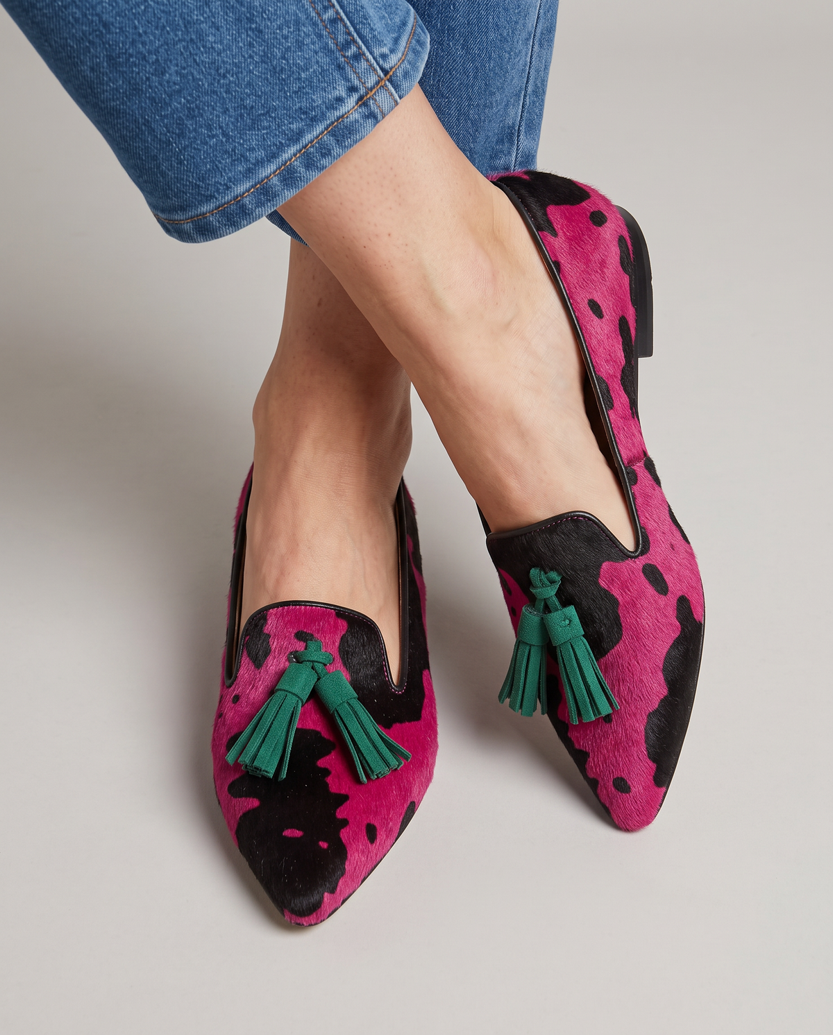 Ginevra Loafers — Fuchsia Cow Print, Green Tassels