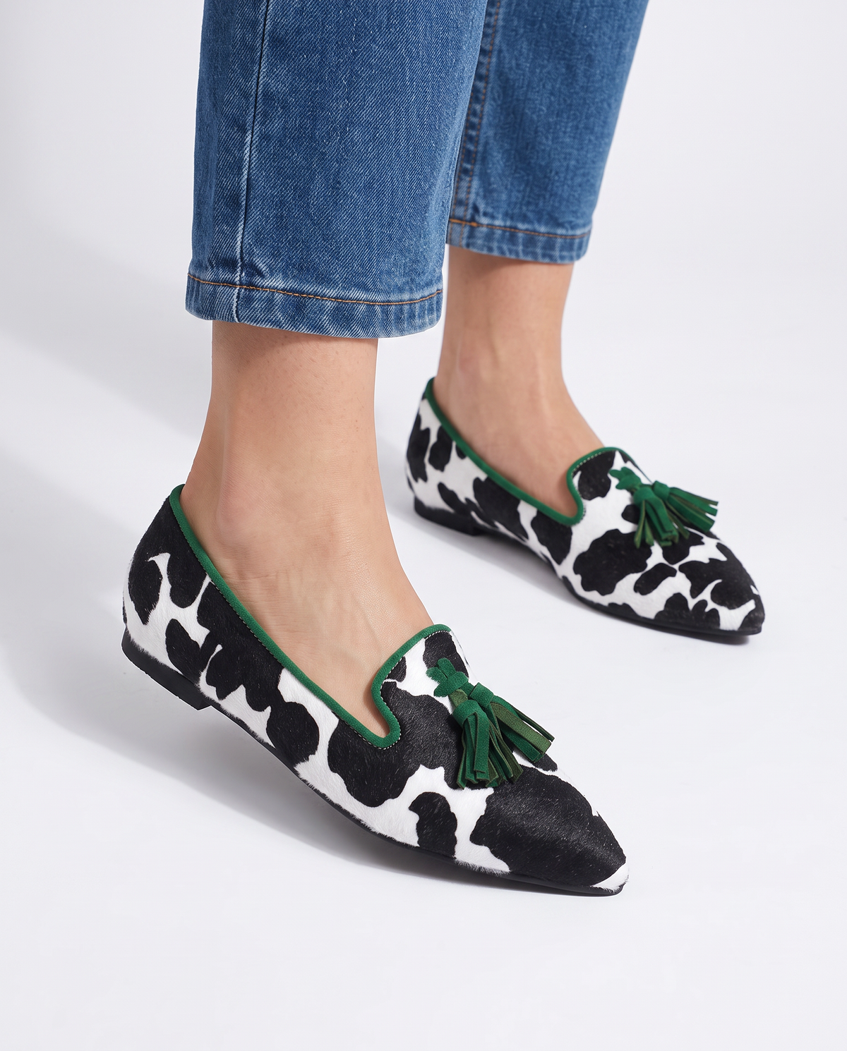 Ginevra Loafers — Cow Print, Green Tassels