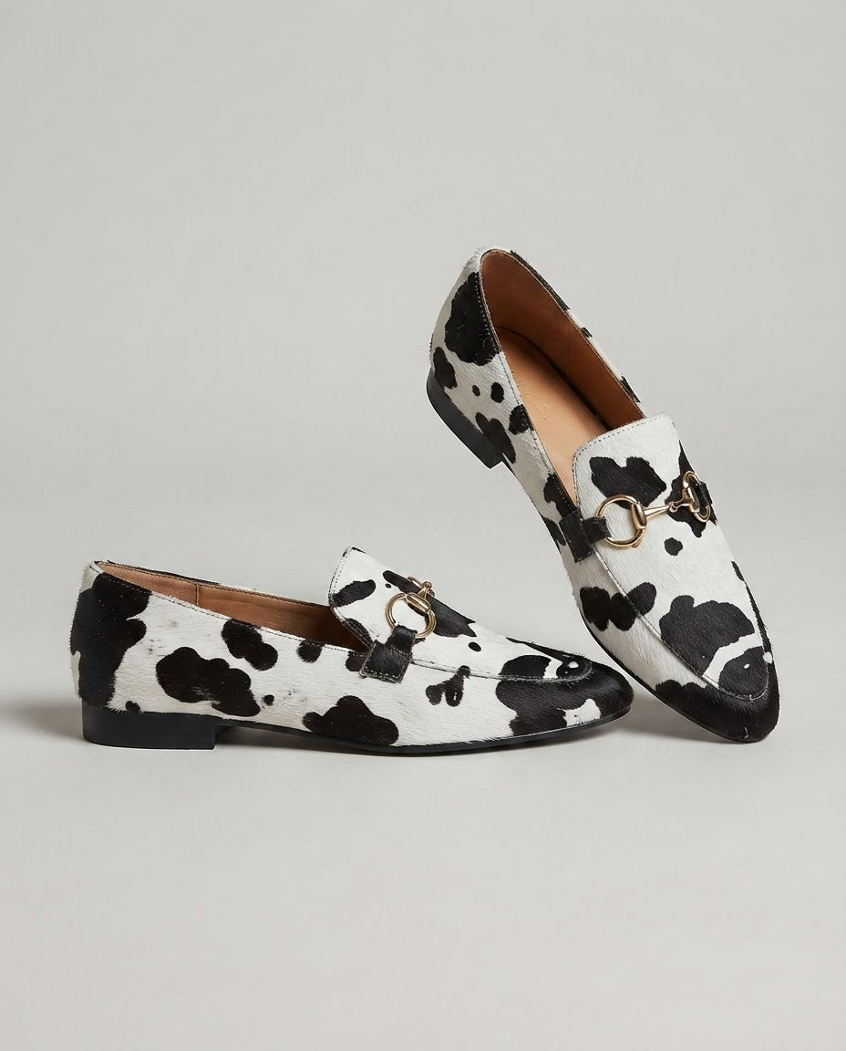 Spotted Haircalf Loafers — Black & White