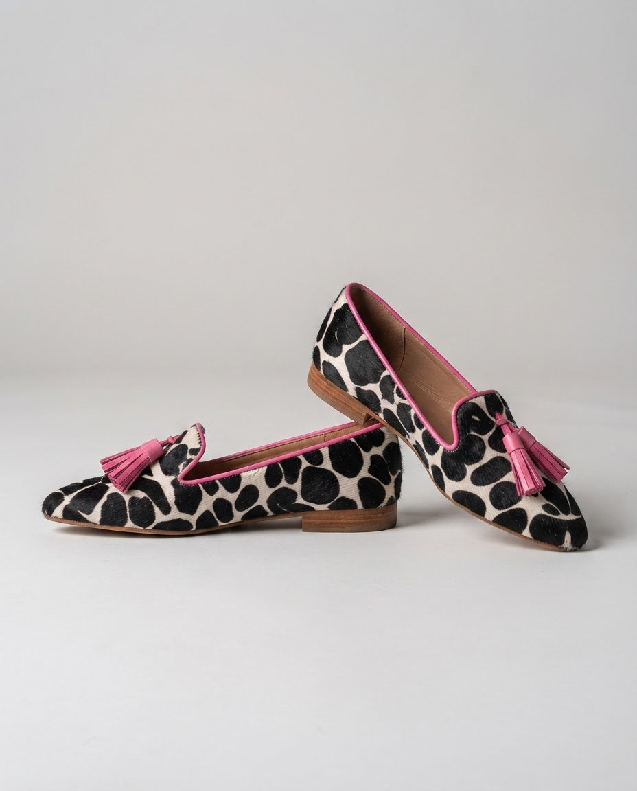 Ginevra Loafers — Cow Print, Pink Tassels