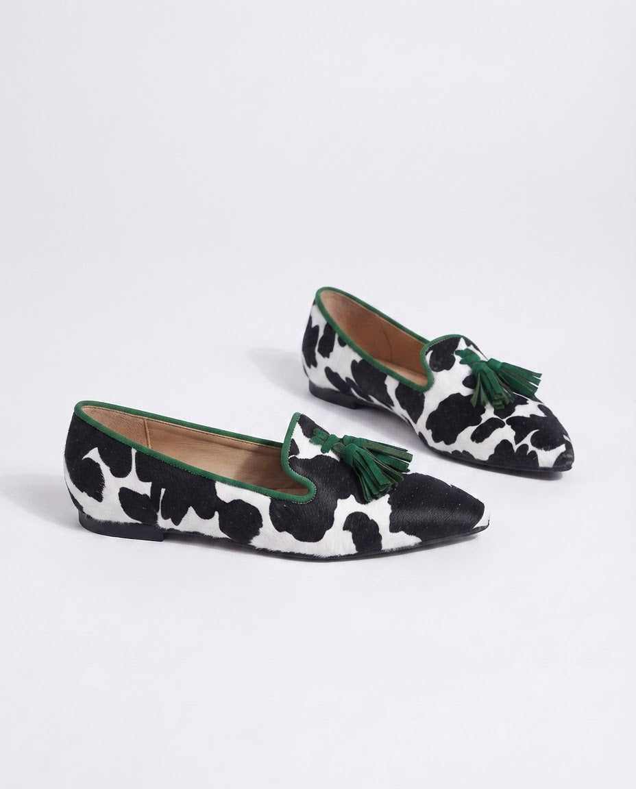 Ginevra Loafers — Cow Print, Green Tassels