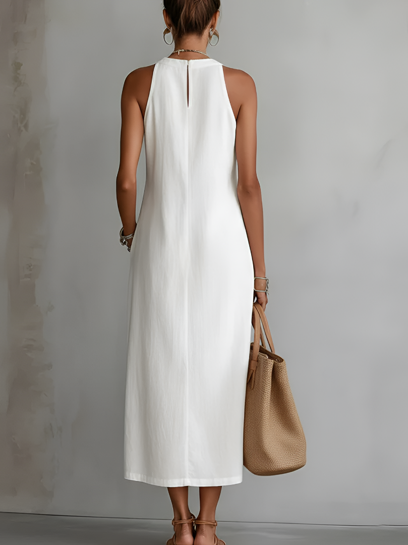 Jimena | Midi dress in linen with Mao collar