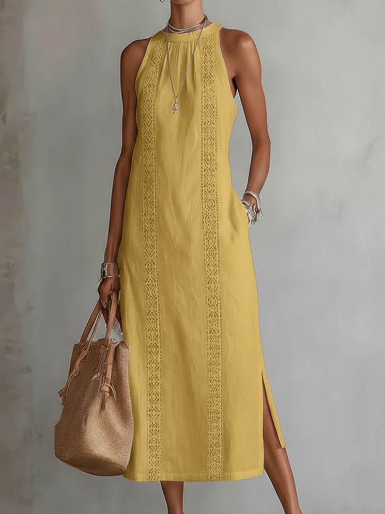 Jimena | Midi Linen Dress with Mao Collar