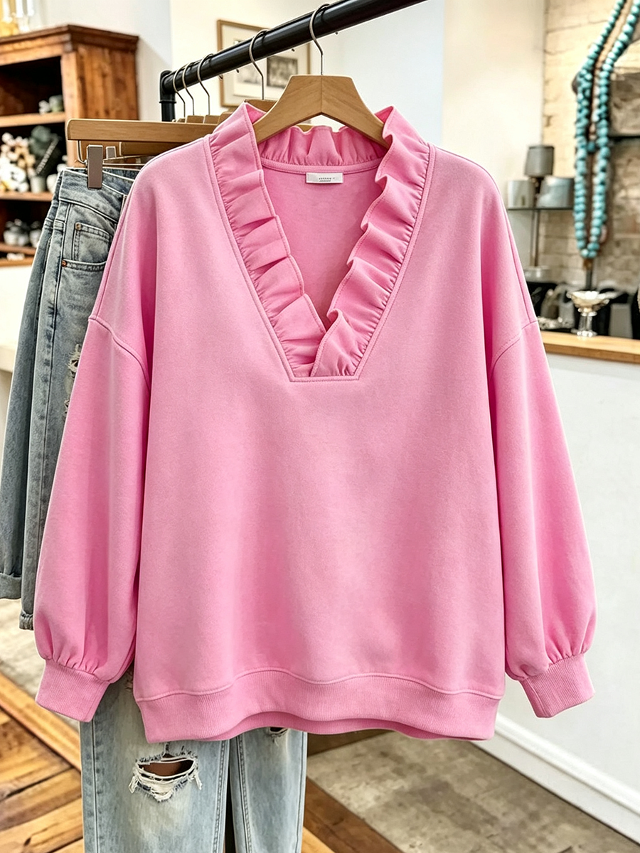 Ava | Oversized Vibrant Pink Ruffled Sweatshirt