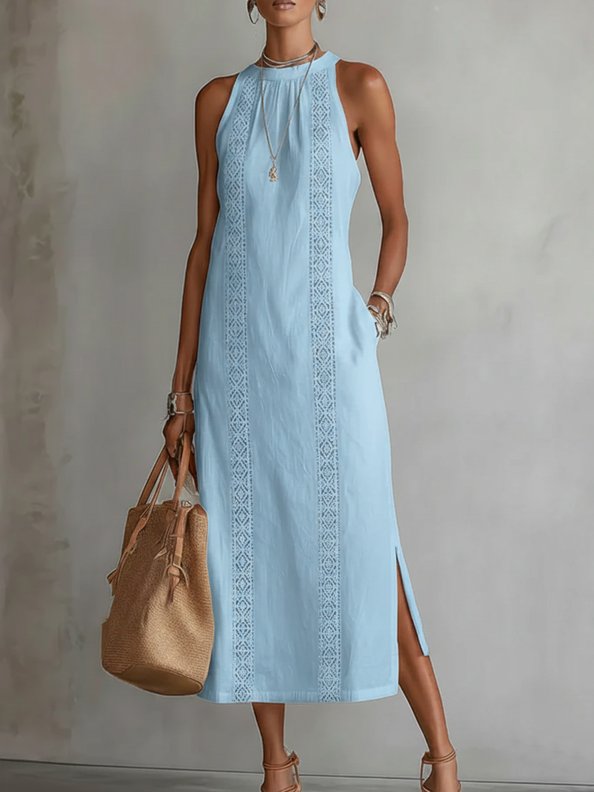Jimena | Midi dress in linen with Mao collar
