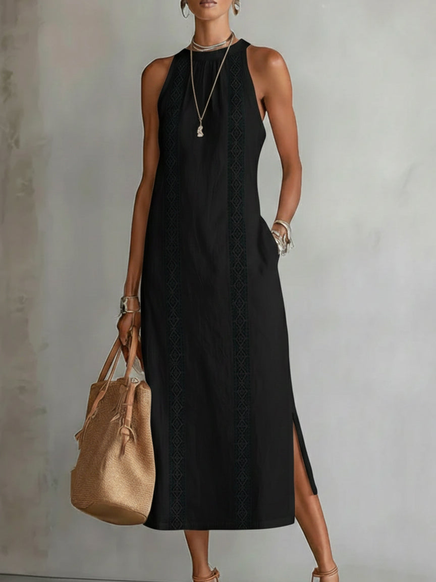 Jimena | Midi Linen Dress with Mao Collar