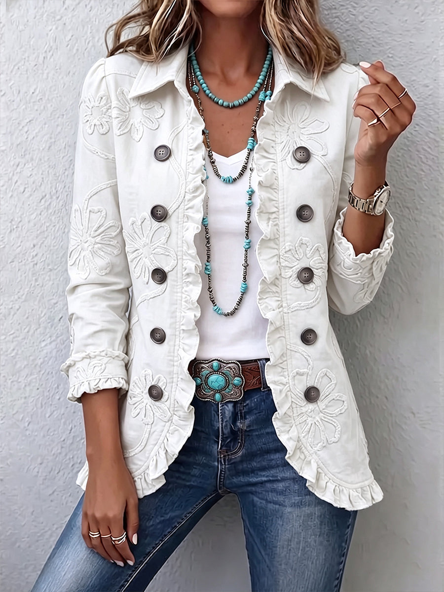 Ruby™ | Boho-chic Floral Embroidered Utility Ruffled Trim Jacket