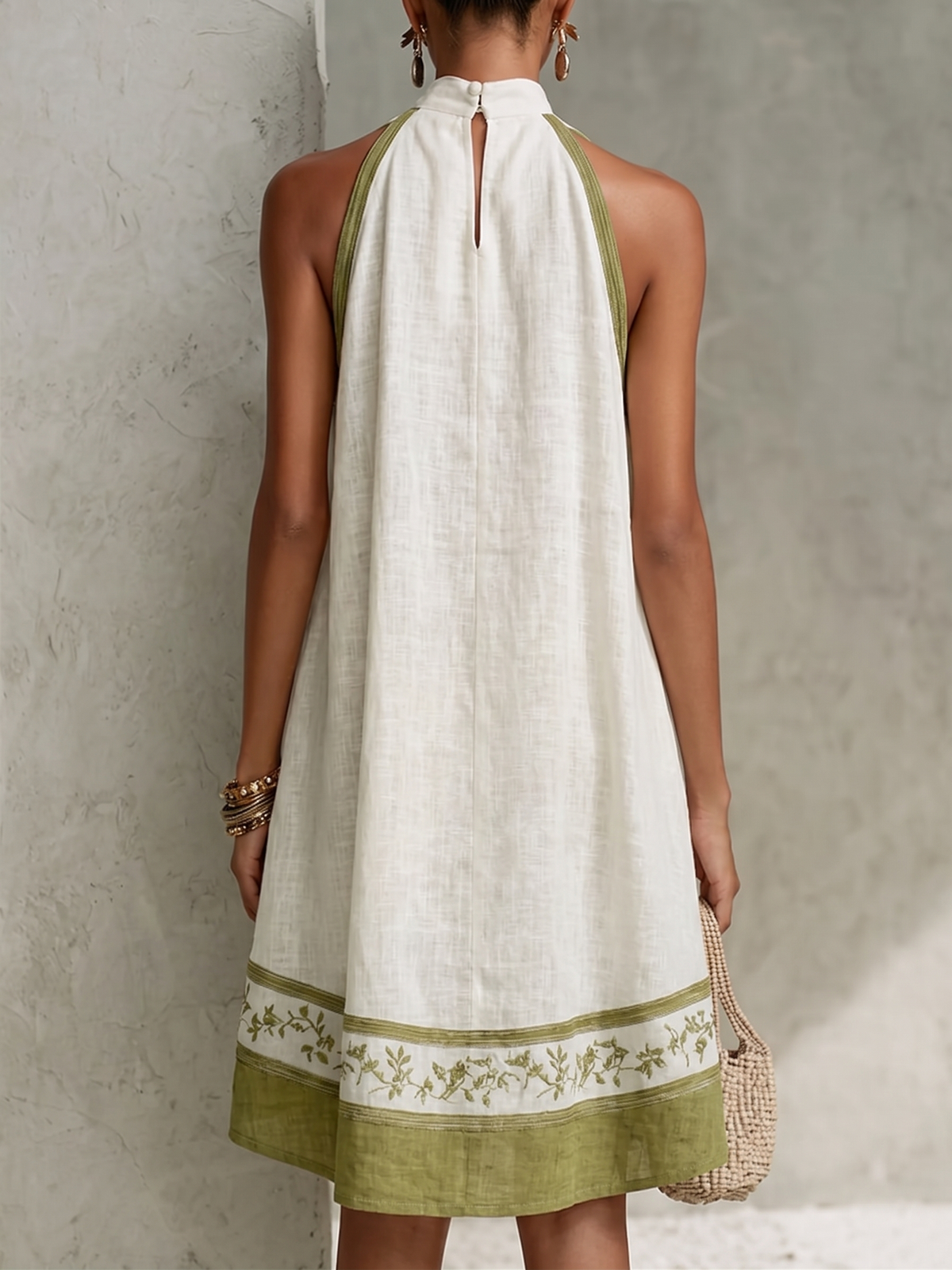 White and Olive Green Sleeveless Mini A-Line Dress with Flowers