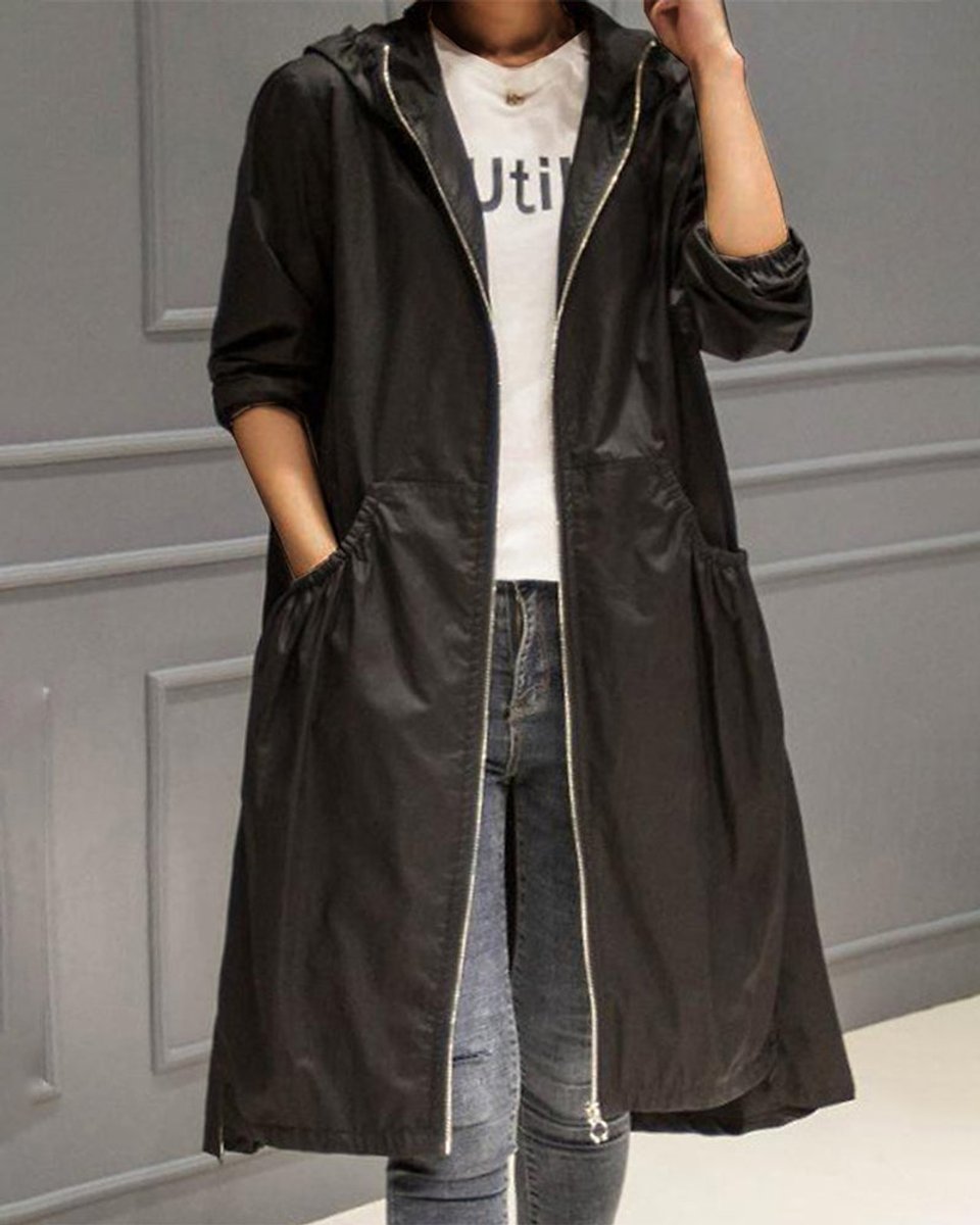 Kathleen | Hooded Zip-Up Long Trench Coat